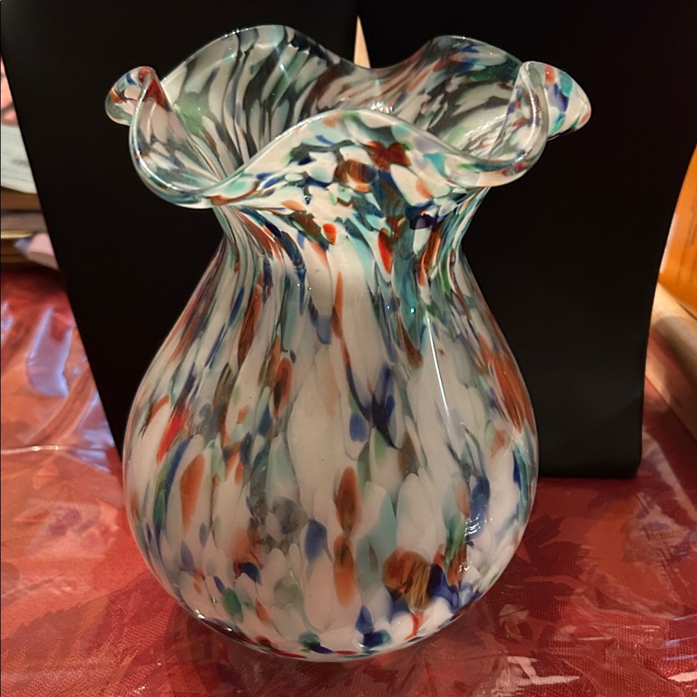 Confetti Hand Blown Ruffled Swirled Glass Vase 8” Tall